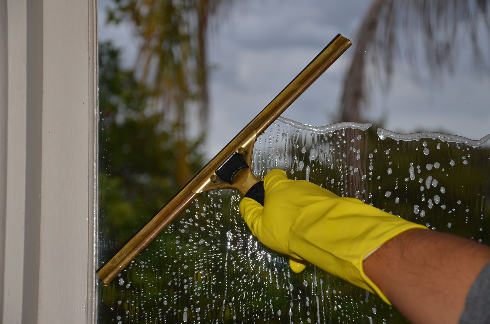 Professionelle Glasreinigung mit Abzieher an einem Fenster